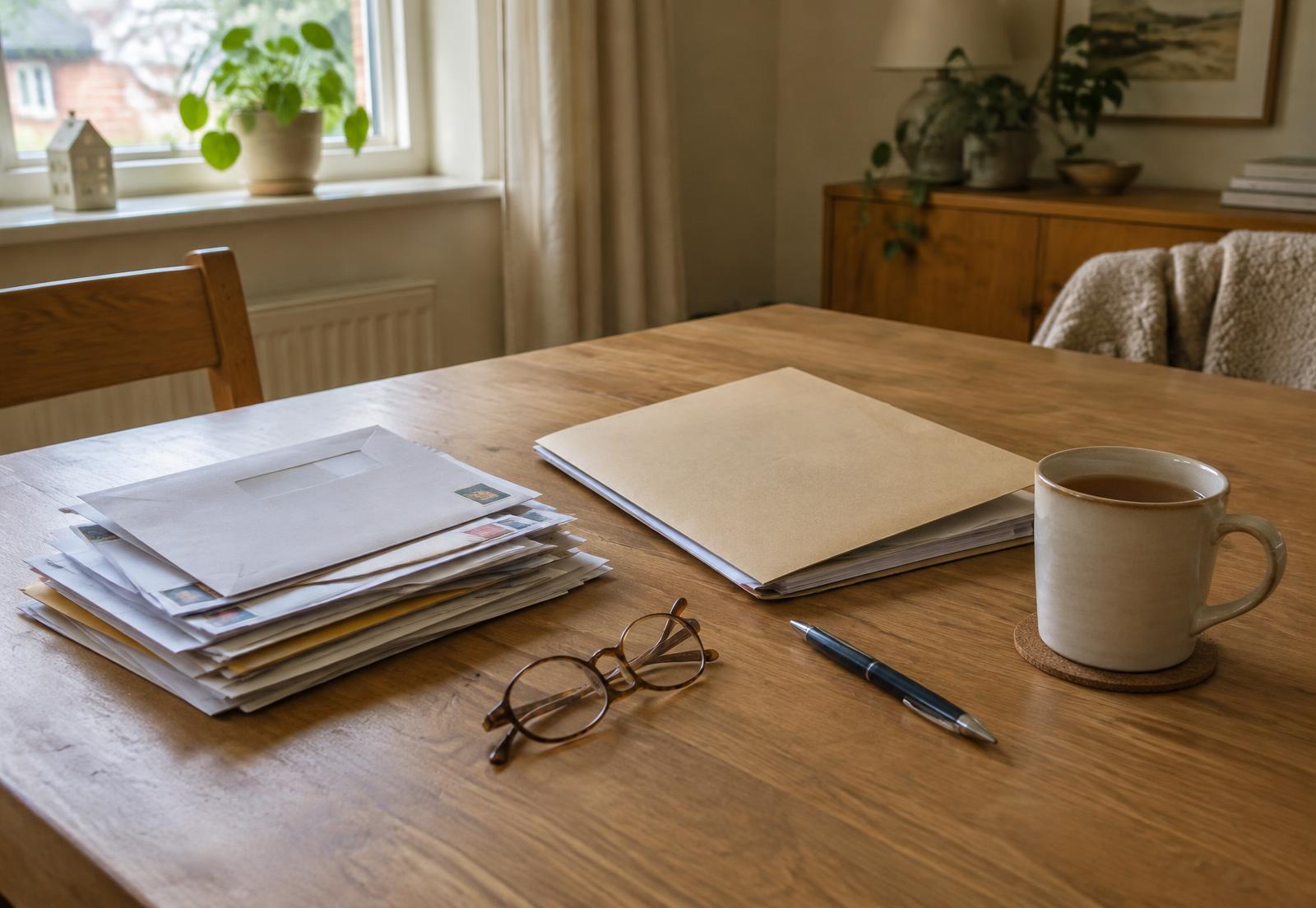 Thuisadministratie sorteren aan de keukentafel: post, map, pen en thee